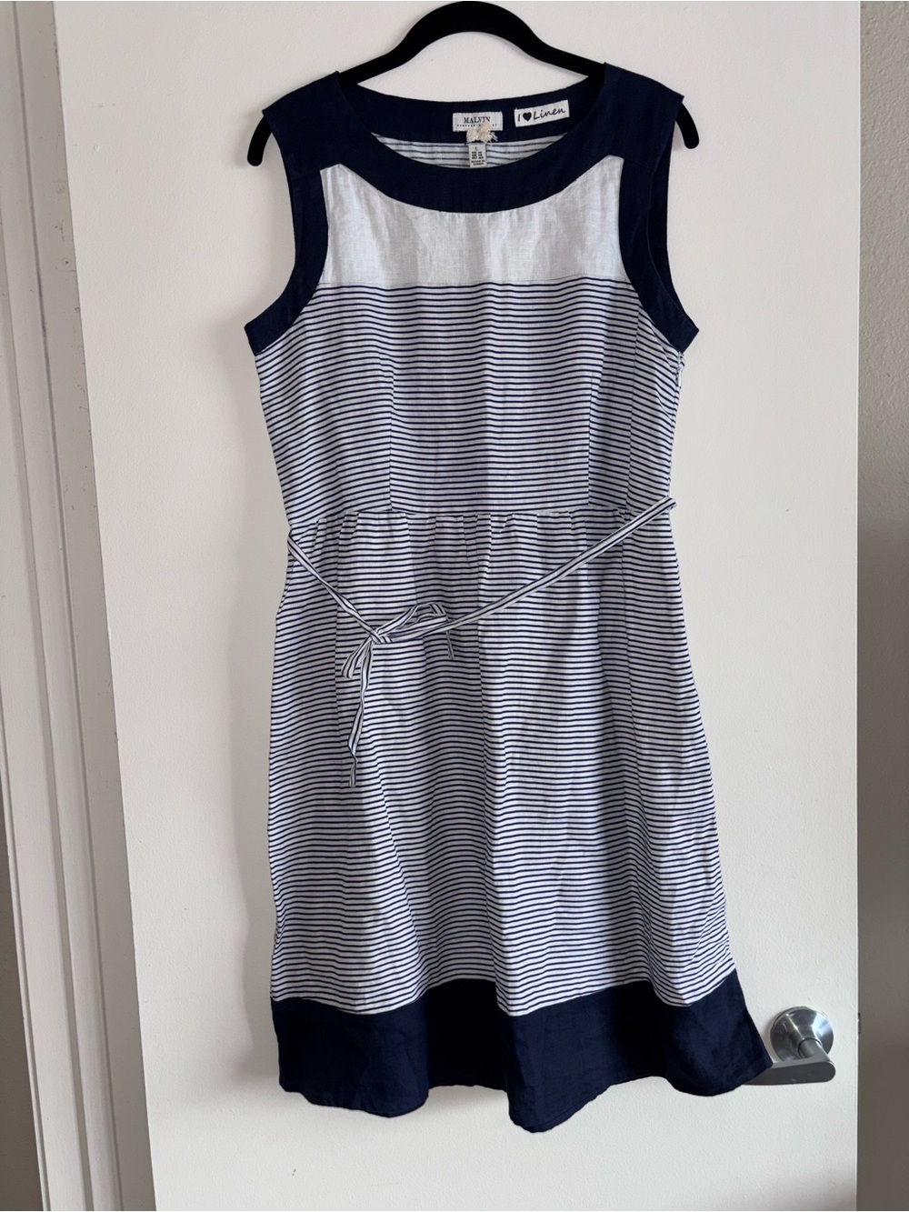 Malvin Germany 100% Linen Navy & White Stripe Dress Sz 10 US